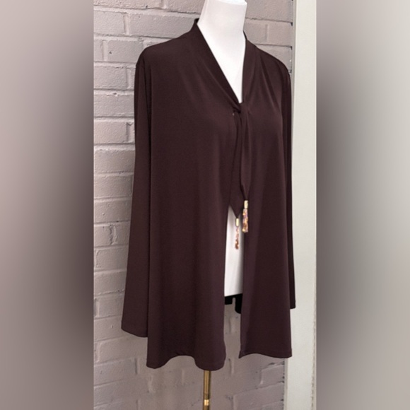 Susan Graver brown open front with tie tassels cardigan / topper  1Xq - Picture 4 of 8